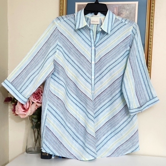 Chico's Tops - 100% Linen Chicos No Iron Medium Lagenlook Beach Contemporary Travel